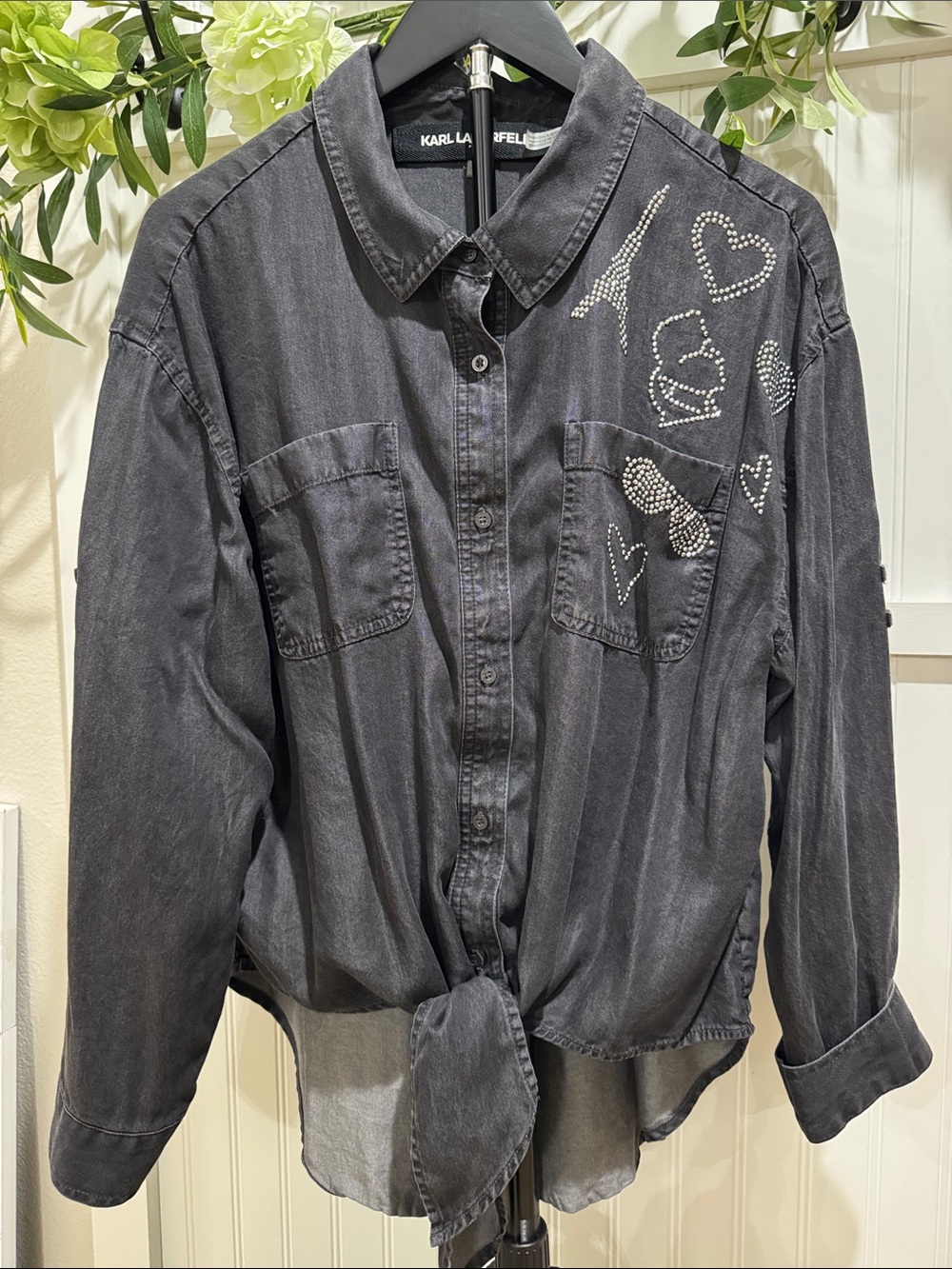 #210 KARL LAGERFELD Charcoal Button-Down Tie Front Shirt w Rhinestone Motifs L